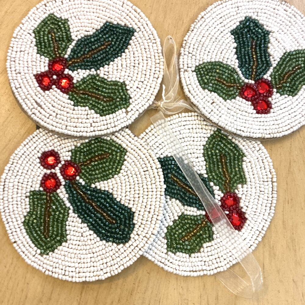 All Over Beaded Christmas Holly Berry Coasters Set of 4 Green Red White 4.5”
